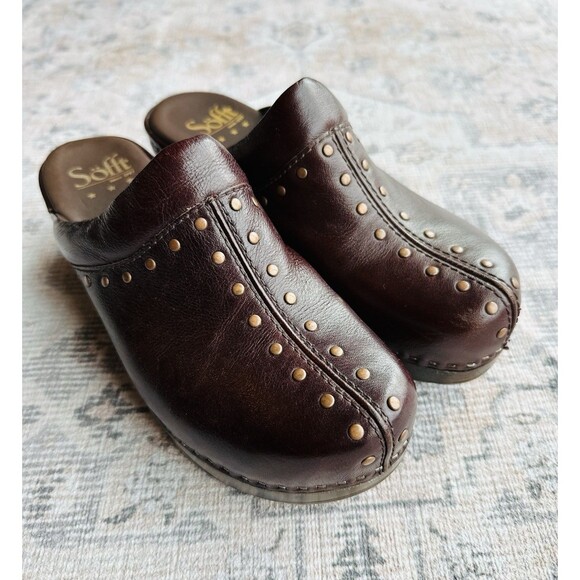 New Sofft Womens Slip Resistant Leather Clogs 7 M Studded Mule Slip On Brown - Picture 5 of 9